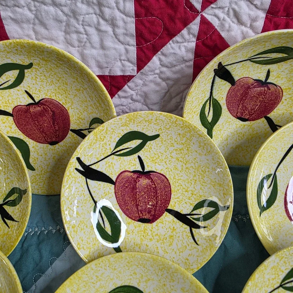 Vintage Mid Century Modern Apple Pattern Yellow Speckled Ceramic Small Plates x8